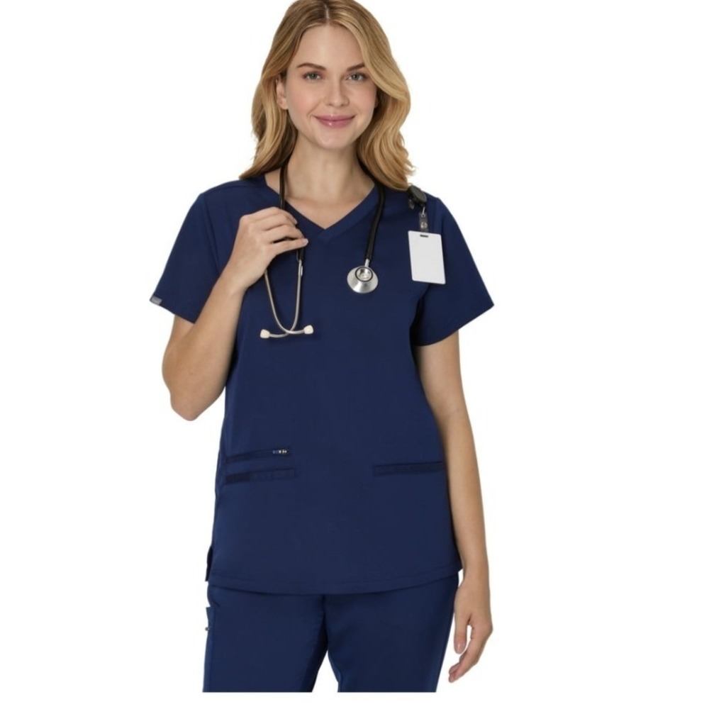 Hanes Premium Scrub Top‎ V-Neck 3 Pocket 2XL Navy Blue Stretch NWT